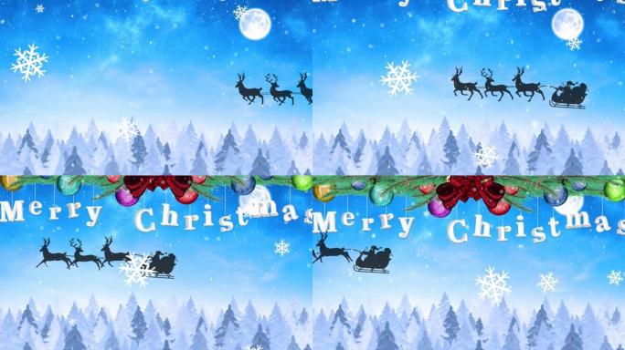 圣诞快乐的动画冬季风景和驯鹿圣诞老人