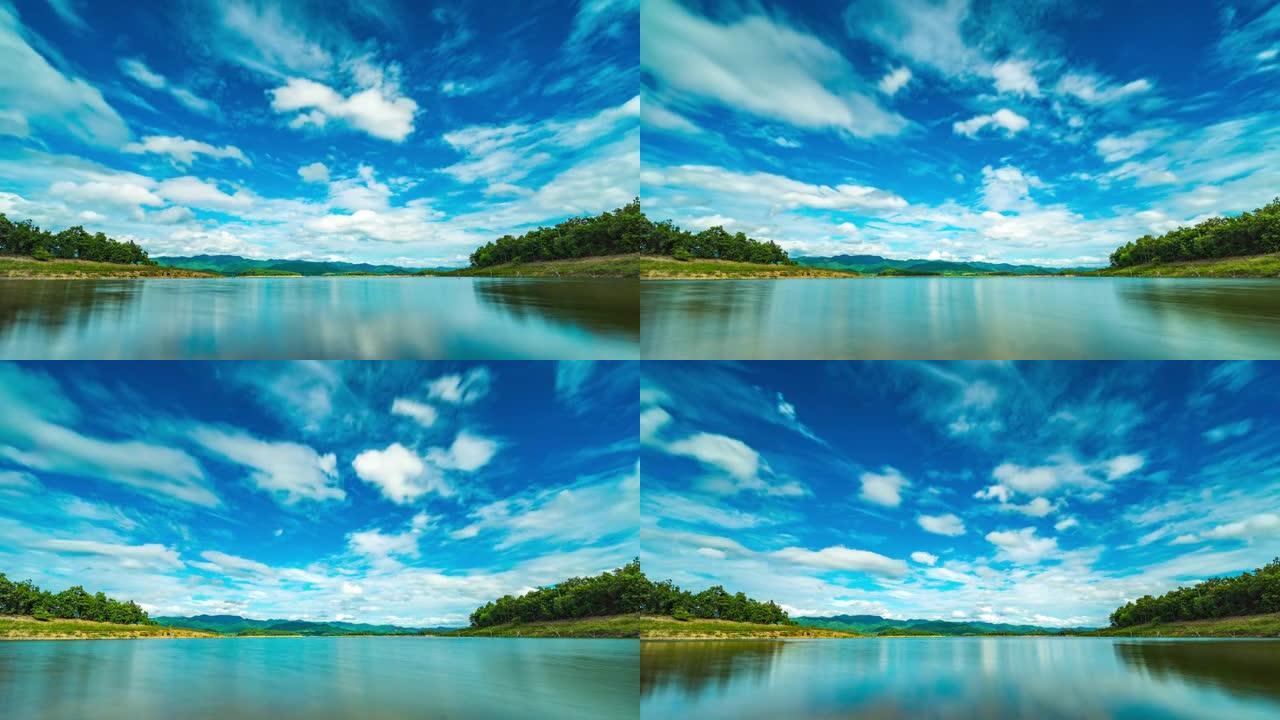 蓝天和云移动的热带湖泊，Timelaspe视频