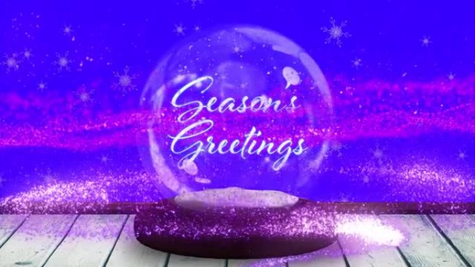 雪球和蓝色背景上的流星的季节问候文本动画