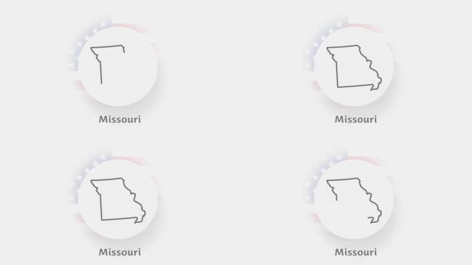美国密苏里州。显示密苏里州的美国动画地图。美利坚合众国。Neumorphism最小样式