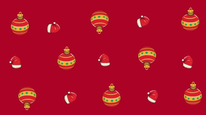 红色背景上多个圣诞帽和摆设的动画