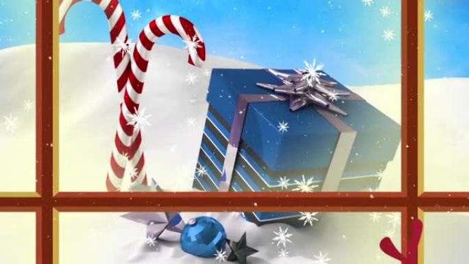 蓝色背景下圣诞节礼物上的雪花飘落的动画