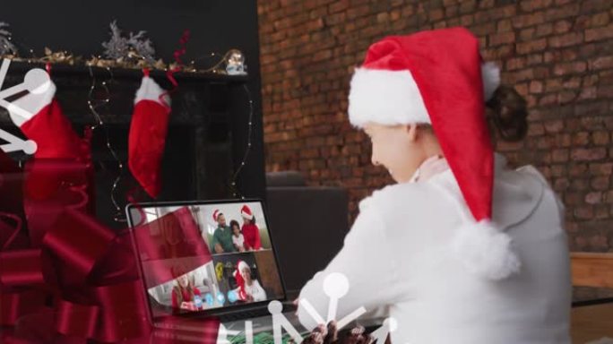 与家人进行视频通话时，圣诞老人帽子上的快乐白人妇女的圣诞装饰品动画
