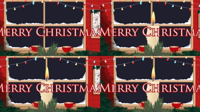 窗户和蜡烛上的圣诞快乐文字动画