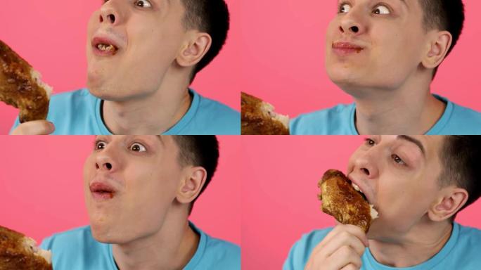 一个年轻人吃烤鸡的肖像