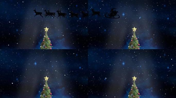 下雪的动画，黑色背景上的圣诞树