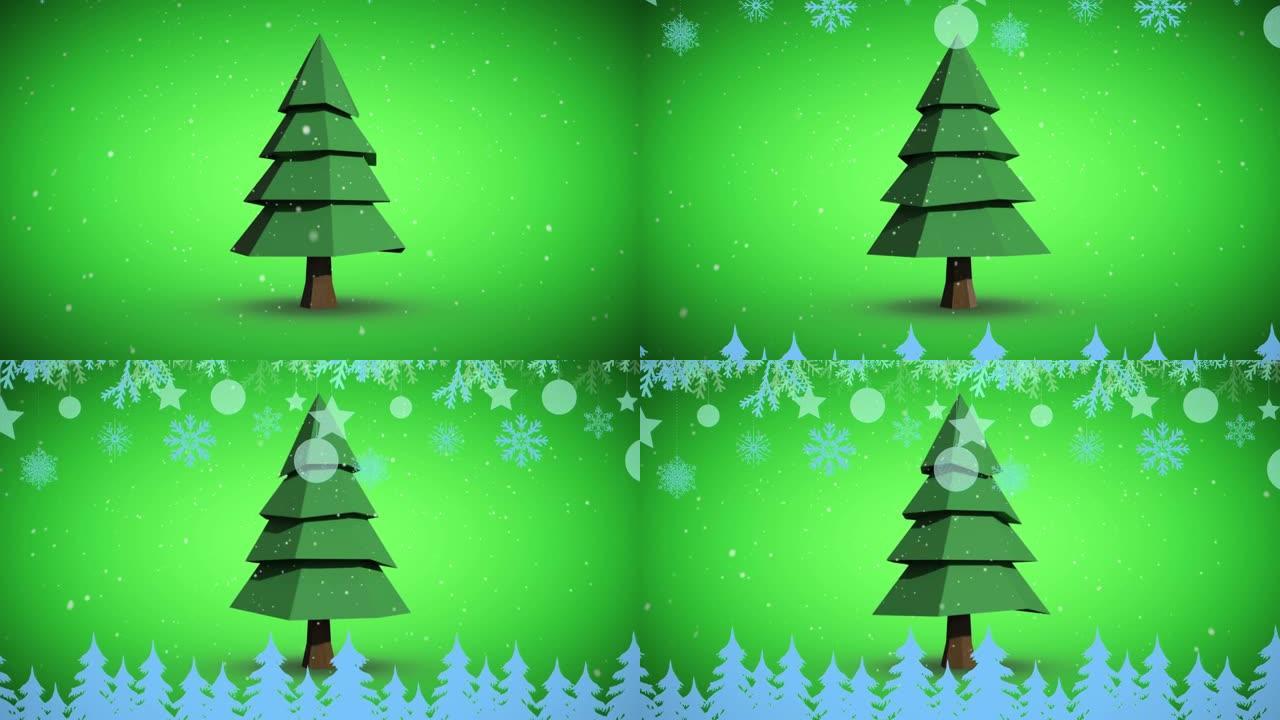 雪落在绿色背景下旋转的圣诞树图标上