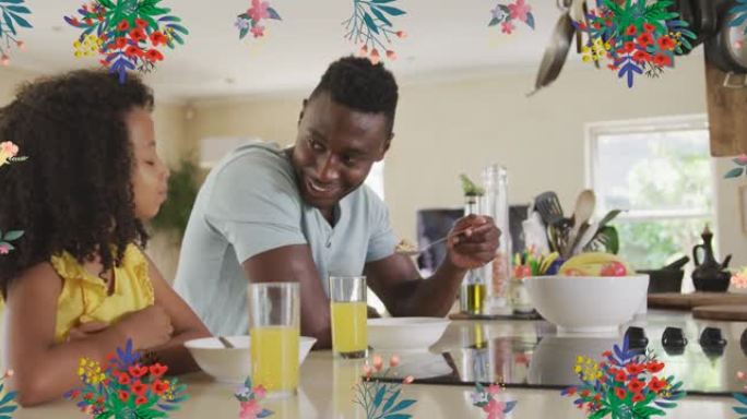 花在快乐的非洲裔美国父女在家吃早餐上的动画