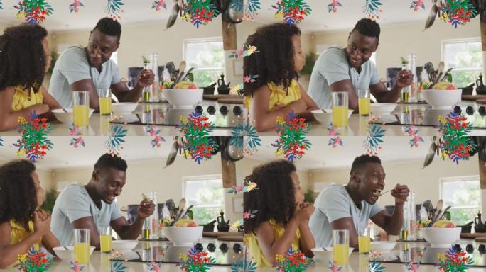 花在快乐的非洲裔美国父女在家吃早餐上的动画