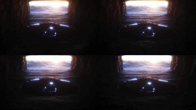 未来派的老科幻船在岩石洞穴中飞行。未来概念。逼真的4k动画。