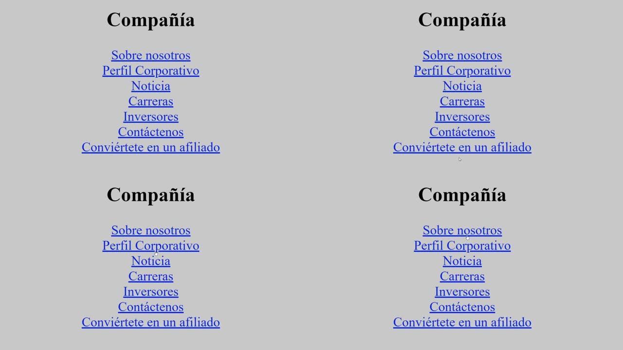 西班牙语。鼠标光标滑动过来，在公司网页上点击关于我们的信息。光标在线单击业务详细信息的设备屏幕视图。