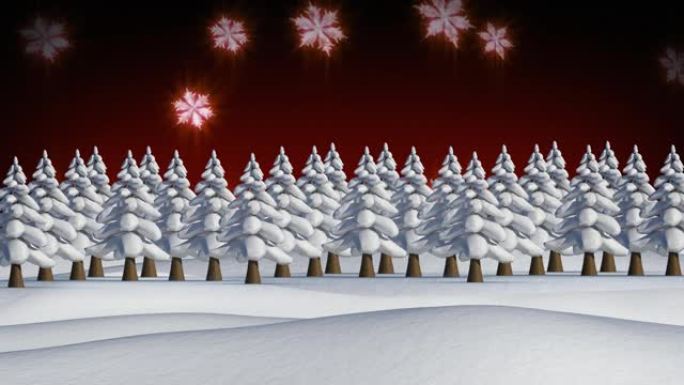 红色背景上的雪落在树木上的动画