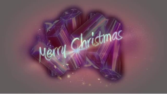 圣诞快乐的数字动画文字和闪亮的星星在灰色背景上的水晶上