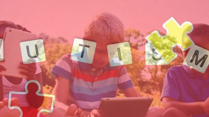 彩色拼图的动画，使用电子设备在儿童身上的自闭症文字