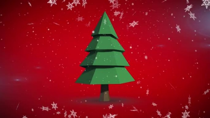 红色背景上的雪花落在圣诞树上的动画