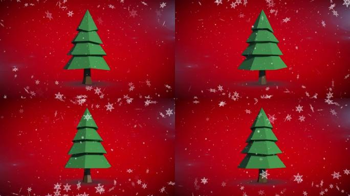 红色背景上的雪花落在圣诞树上的动画