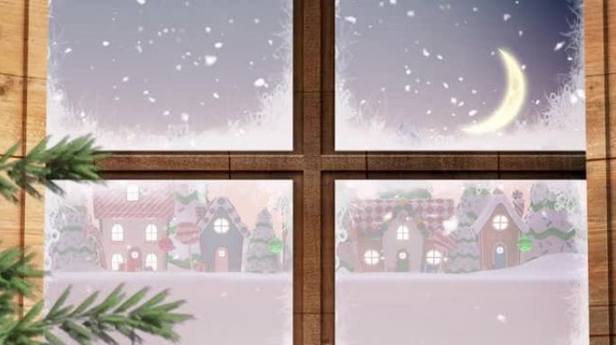 圣诞树和木制窗框，防止积雪落在冬季景观上的多个房屋上
