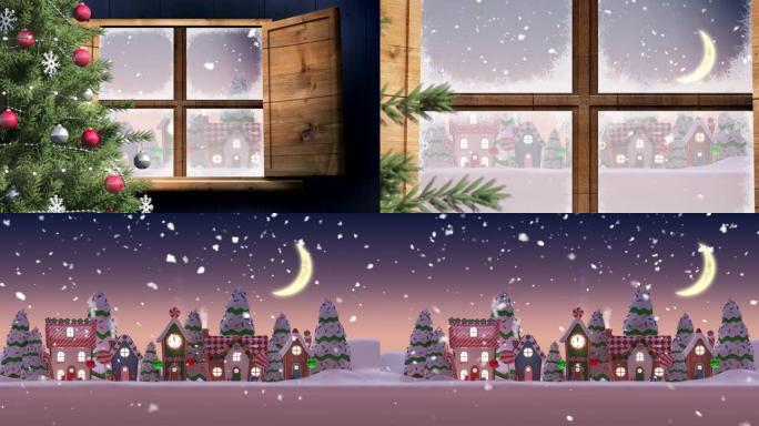 圣诞树和木制窗框，防止积雪落在冬季景观上的多个房屋上