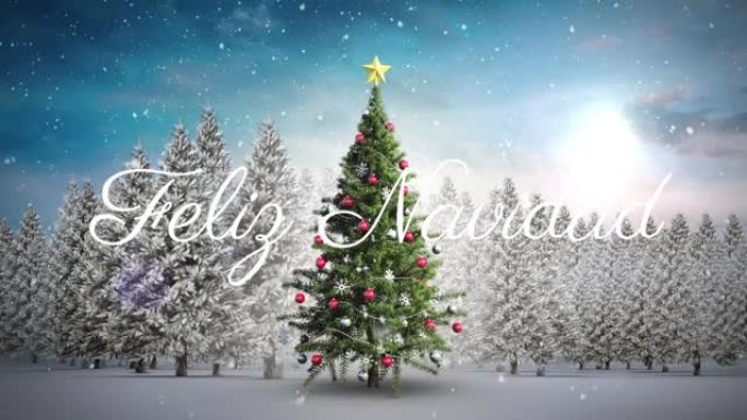 Feliz navidad文字反对冬天的圣诞树上的雪