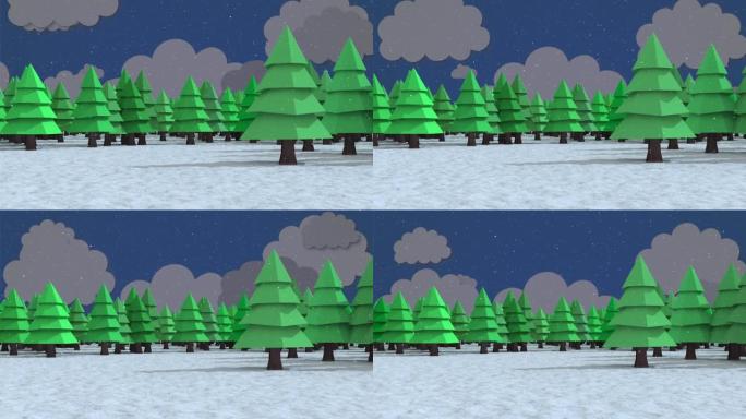 雪落在冬季景观上的多棵树图标上，蓝色背景上的云彩图标