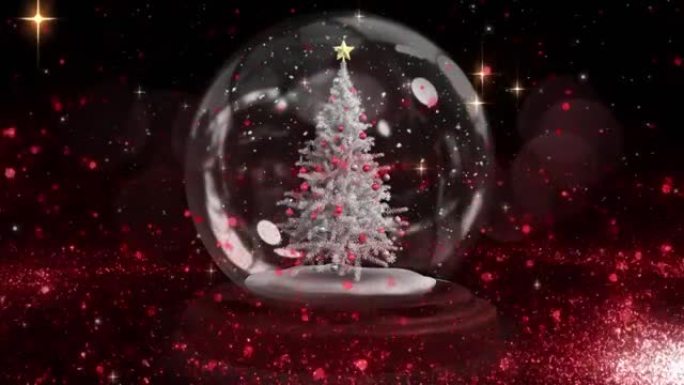 雪球中圣诞树周围的红色流星与黑色背景上闪亮的星星