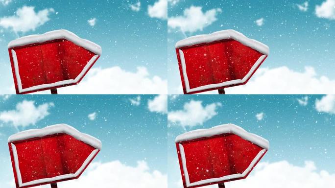 雪落在蓝色天空的冬季景观上的红色标志柱上