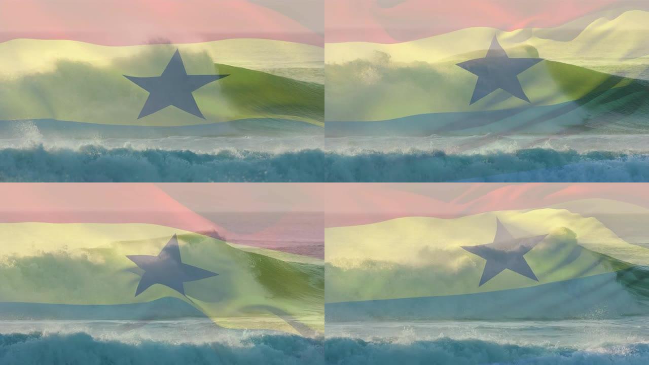 数字组成挥舞加纳国旗对抗海浪在海