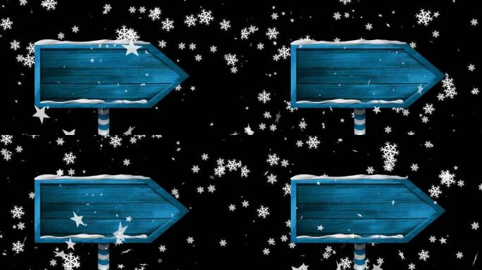 黑色背景上的圣诞节雪花落在木制标志上的动画