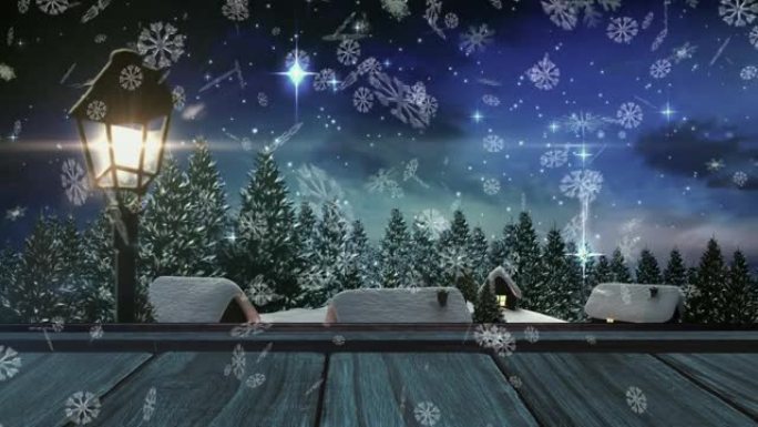 雪花漂浮在木板上，映照着冬天的风景和夜空中闪耀的星星