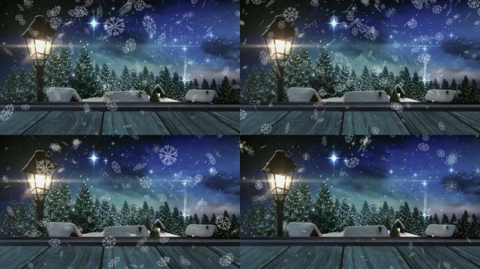 雪花漂浮在木板上，映照着冬天的风景和夜空中闪耀的星星