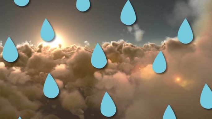 蓝色水滴落在云上和日落天空的动画