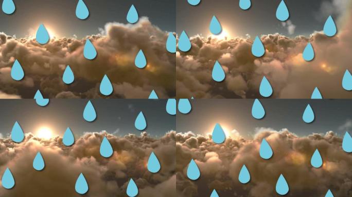 蓝色水滴落在云上和日落天空的动画
