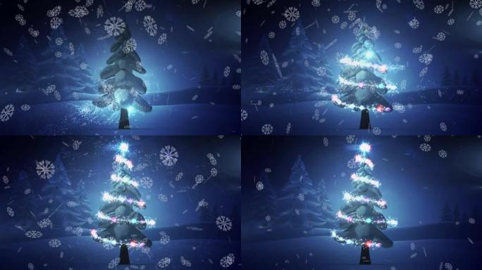 冬季背景上雪花落在流星和圣诞树上的动画