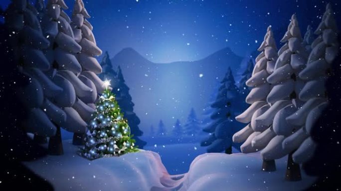 雪落在夜空的冬季景观上的多棵树和圣诞树上
