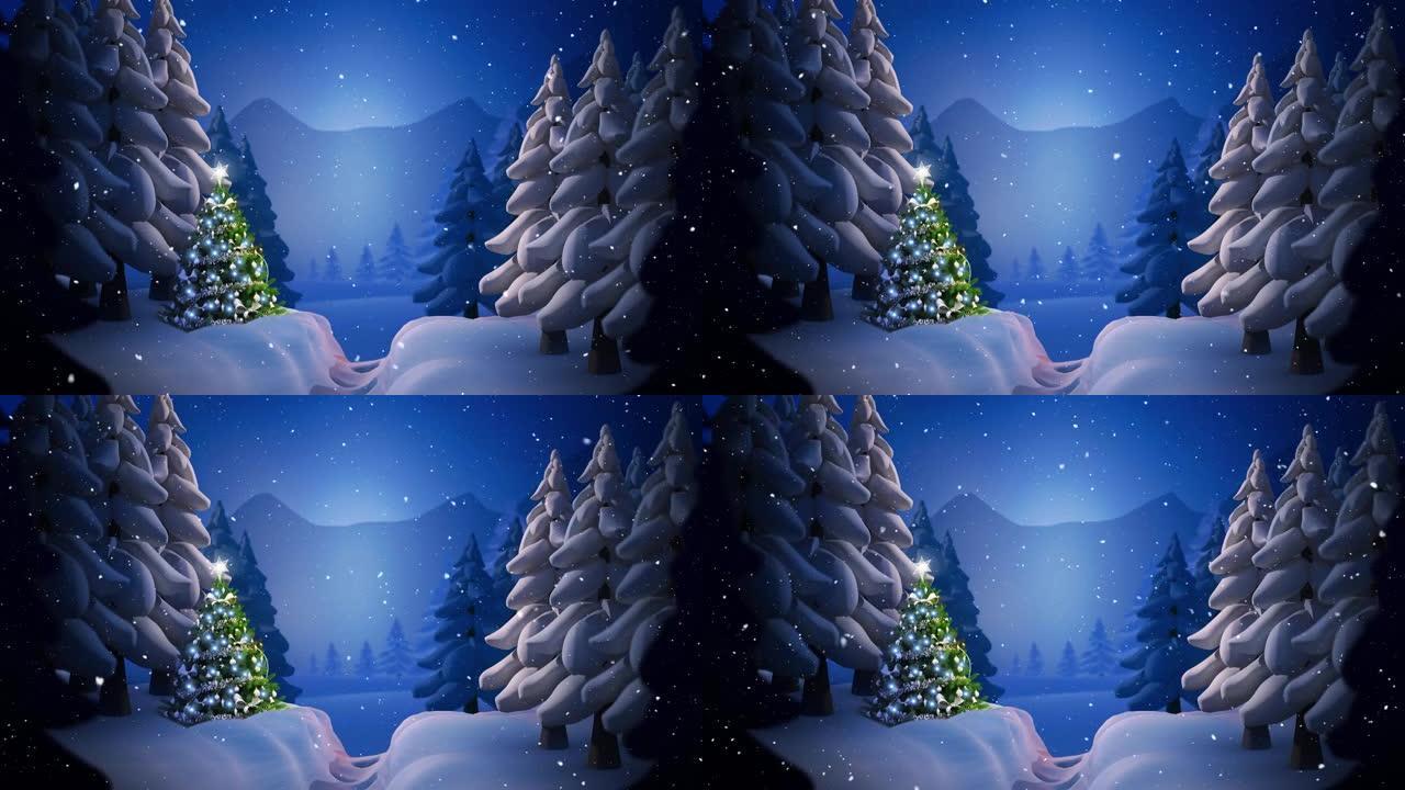 雪落在夜空的冬季景观上的多棵树和圣诞树上