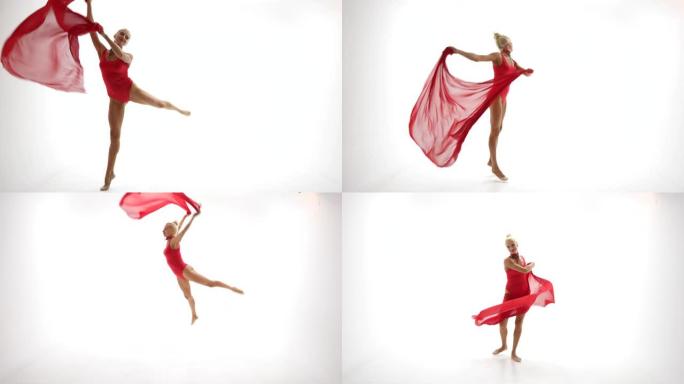 慢动作优美的芭蕾舞演员或经典芭蕾舞演员在白色工作室中跳舞。