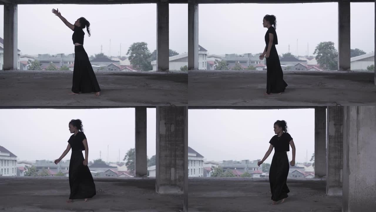 亚洲女性穿黑裙做退步