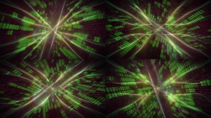 在黑色背景下旋转的绿色马赛克正方形上的光波数字动画