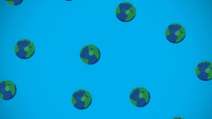 蓝色背景上掉落多个蓝色和绿色地球仪的动画