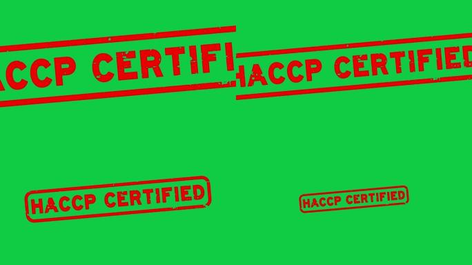 垃圾红色HACCP(危害分析和关键控制点)认证字方形橡胶密封印章绿色背景放大