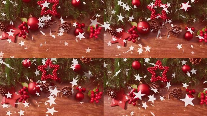 背景中圣诞节星星掉落在圣诞节装饰品上的动画