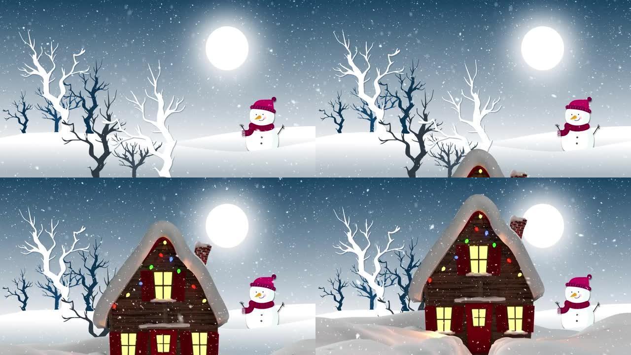 雪落在房子和雪人上的动画
