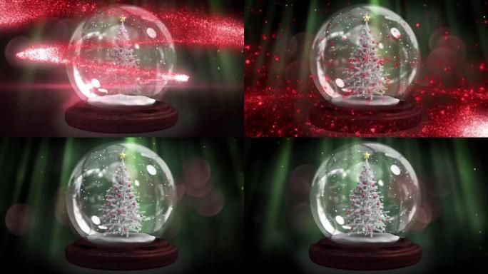 带有圣诞树的雪球动画在发光的多色斑点上