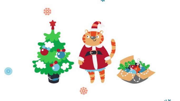 圣诞视频。老虎，树，装饰。一只打扮成Sana-Claus的老虎用玩具装饰圣诞树。圣诞背景。