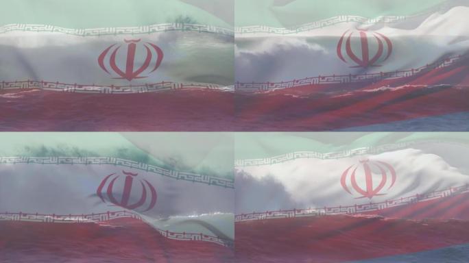 伊朗国旗在海浪中飘扬的动画