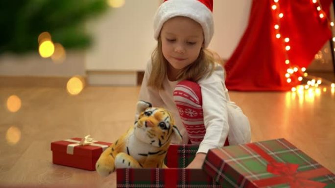 快乐的小女孩坐在打开的盒子里，在圣诞树旁边玩玩具老虎