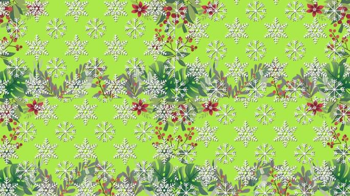 绿色背景上的花卉设计无缝图案中的多个雪花图标