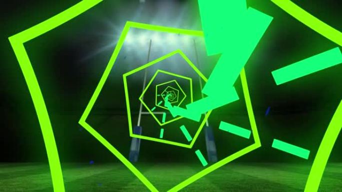 泛光灯球场上的橄榄球目标上发光的绿色螺旋和线条的动画