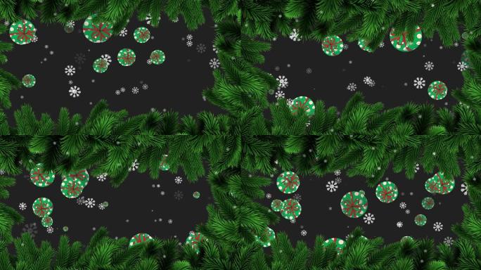 黑色背景上有枞树的雪花和圣诞小玩意装饰动画