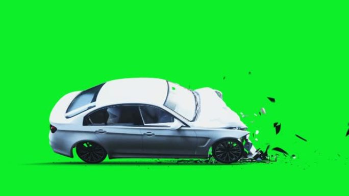 白色通用3d汽车撞上了看不见的墙。车祸概念。绿屏4k动画。